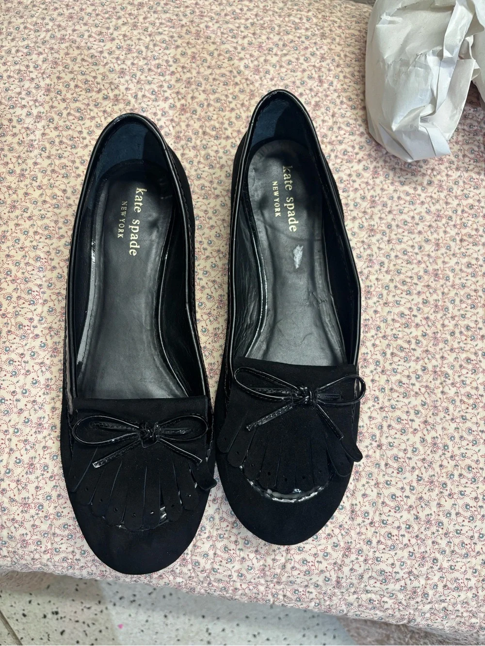 kate spade Black Suede Kiltie Bow Flats